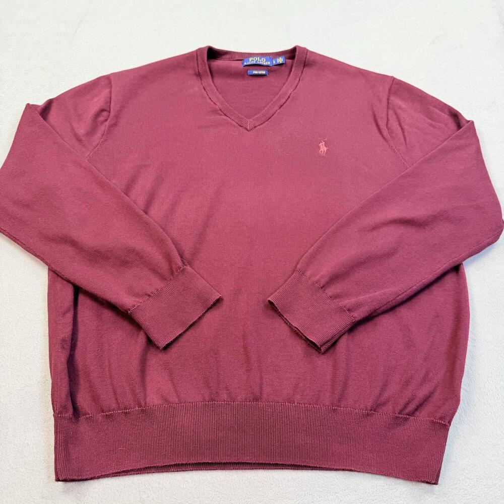 Polo Ralph Lauren Sweater Mens Large Burgandy Pima Cotton V Neck Knit Logo